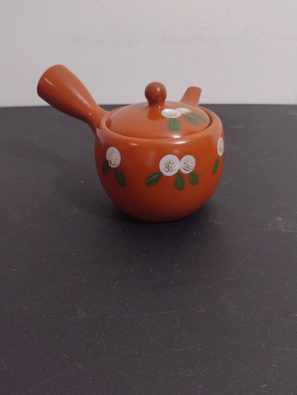 Brown Japanese Ceramic Teapot with White Floral Design